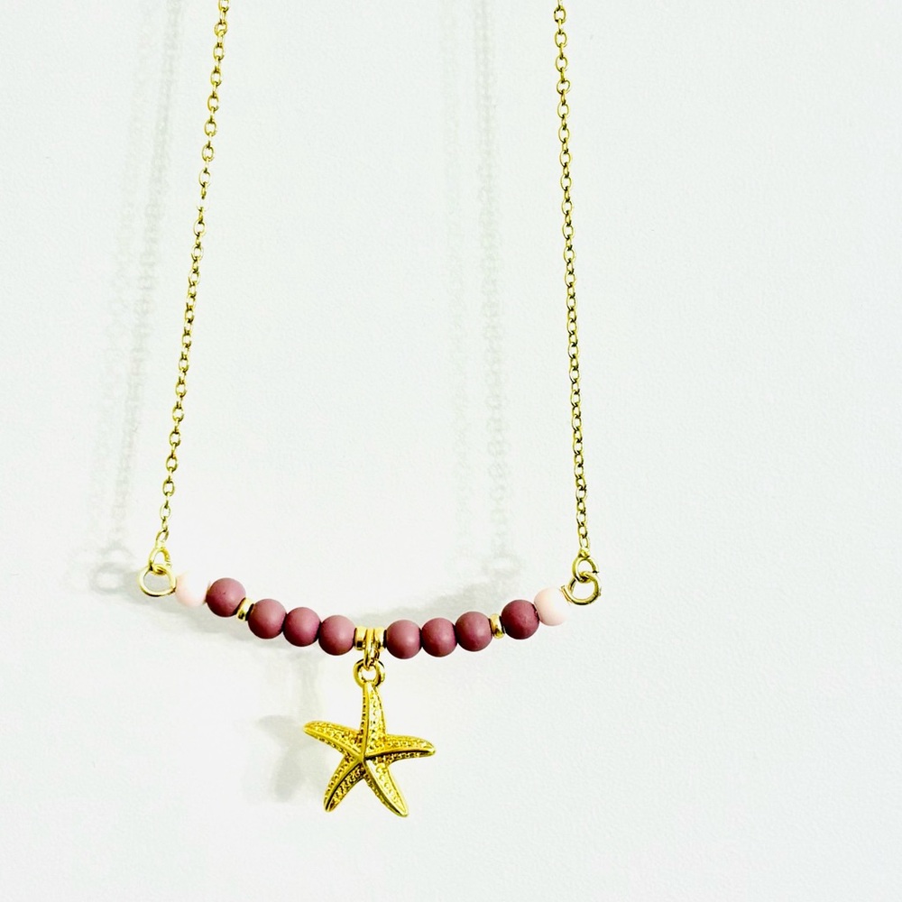 Gold Starfish Necklace with Mauve and Pink Beads on a gold filled necklace